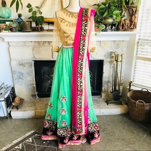 Swarovski lehenga choli, blouse, and dupatta shawl